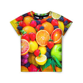 Детская футболка 3D с принтом Ягоды и фрукты в Тюмени, 100% гипоаллергенный полиэфир | прямой крой, круглый вырез горловины, длина до линии бедер, чуть спущенное плечо, ткань немного тянется | апельсин | ежевика | клубника | фрукты | ягода