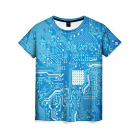 Женская футболка 3D с принтом Системная плата в Тюмени, 100% полиэфир ( синтетическое хлопкоподобное полотно) | прямой крой, круглый вырез горловины, длина до линии бедер | кибер | микросхема | синий