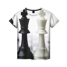Женская футболка 3D с принтом Шахматы в Тюмени, 100% полиэфир ( синтетическое хлопкоподобное полотно) | прямой крой, круглый вырез горловины, длина до линии бедер | белая | черная | шахматы