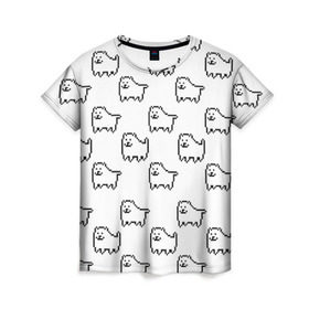 Женская футболка 3D с принтом Undertale Annoying dog white в Тюмени, 100% полиэфир ( синтетическое хлопкоподобное полотно) | прямой крой, круглый вырез горловины, длина до линии бедер | 8 bit | annoying dog | dog | pixel art | undertale | white