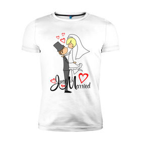 Мужская футболка премиум с принтом Just married в Тюмени, 92% хлопок, 8% лайкра | приталенный силуэт, круглый вырез ворота, длина до линии бедра, короткий рукав | just married | женат | замужем | молодожены | свадьба