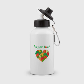 Бутылка спортивная с принтом Vegan love в Тюмени, металл | емкость — 500 мл, в комплекте две пластиковые крышки и карабин для крепления | Тематика изображения на принте: 