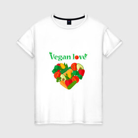 Женская футболка хлопок с принтом Vegan love в Тюмени, 100% хлопок | прямой крой, круглый вырез горловины, длина до линии бедер, слегка спущенное плечо | 