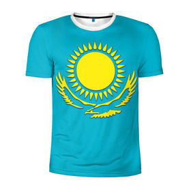 Мужская футболка 3D спортивная с принтом Казахстан в Тюмени, 100% полиэстер с улучшенными характеристиками | приталенный силуэт, круглая горловина, широкие плечи, сужается к линии бедра | Тематика изображения на принте: герб | казахстан | флаг