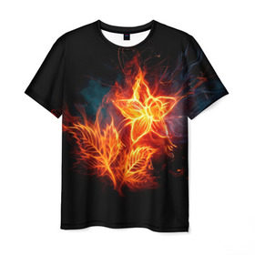 Мужская футболка 3D с принтом Огненный цветок в Тюмени, 100% полиэфир | прямой крой, круглый вырез горловины, длина до линии бедер | Тематика изображения на принте: звезда | искры | огненный цветок | огонь | пламя | пожар