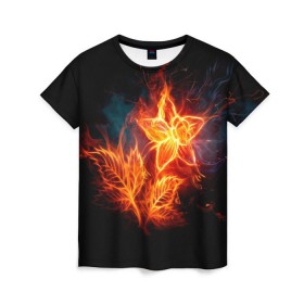 Женская футболка 3D с принтом Огненный цветок в Тюмени, 100% полиэфир ( синтетическое хлопкоподобное полотно) | прямой крой, круглый вырез горловины, длина до линии бедер | звезда | искры | огненный цветок | огонь | пламя | пожар