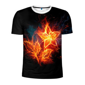 Мужская футболка 3D спортивная с принтом Огненный цветок в Тюмени, 100% полиэстер с улучшенными характеристиками | приталенный силуэт, круглая горловина, широкие плечи, сужается к линии бедра | Тематика изображения на принте: звезда | искры | огненный цветок | огонь | пламя | пожар