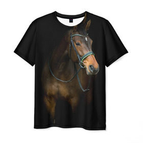 Мужская футболка 3D с принтом Породистый жеребец в Тюмени, 100% полиэфир | прямой крой, круглый вырез горловины, длина до линии бедер | жеребец | животные | конь | лошадка | лошадь | погоня | седло | скакун | скачки | узда