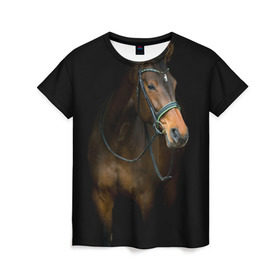 Женская футболка 3D с принтом Породистый жеребец в Тюмени, 100% полиэфир ( синтетическое хлопкоподобное полотно) | прямой крой, круглый вырез горловины, длина до линии бедер | Тематика изображения на принте: жеребец | животные | конь | лошадка | лошадь | погоня | седло | скакун | скачки | узда