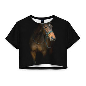 Женская футболка 3D укороченная с принтом Породистый жеребец в Тюмени, 100% полиэстер | круглая горловина, длина футболки до линии талии, рукава с отворотами | Тематика изображения на принте: жеребец | животные | конь | лошадка | лошадь | погоня | седло | скакун | скачки | узда