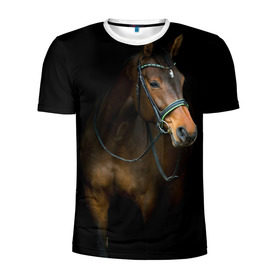Мужская футболка 3D спортивная с принтом Породистый жеребец в Тюмени, 100% полиэстер с улучшенными характеристиками | приталенный силуэт, круглая горловина, широкие плечи, сужается к линии бедра | Тематика изображения на принте: жеребец | животные | конь | лошадка | лошадь | погоня | седло | скакун | скачки | узда