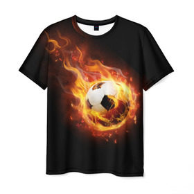 Мужская футболка 3D с принтом Страсть к футболу в Тюмени, 100% полиэфир | прямой крой, круглый вырез горловины, длина до линии бедер | Тематика изображения на принте: игра | искры | мяч | огонь | пламя | спорт | страсть | фанат | футбол | футболист