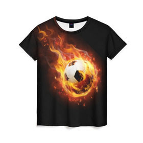 Женская футболка 3D с принтом Страсть к футболу в Тюмени, 100% полиэфир ( синтетическое хлопкоподобное полотно) | прямой крой, круглый вырез горловины, длина до линии бедер | Тематика изображения на принте: игра | искры | мяч | огонь | пламя | спорт | страсть | фанат | футбол | футболист