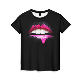 Женская футболка 3D с принтом Губы в краске в Тюмени, 100% полиэфир ( синтетическое хлопкоподобное полотно) | прямой крой, круглый вырез горловины, длина до линии бедер | fashion | арт | гламур | губы | девушкам | дерзость | дизайн | зубы | искусство | клуб | краска | крутость | мода | пафос | тусовка