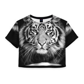 Женская футболка 3D укороченная с принтом Красавец тигр в Тюмени, 100% полиэстер | круглая горловина, длина футболки до линии талии, рукава с отворотами | джунгли | дикая кошка | животные | зверь | король | кровь | мясо | опасность | охотник | тигр | хищник | царь | цирк