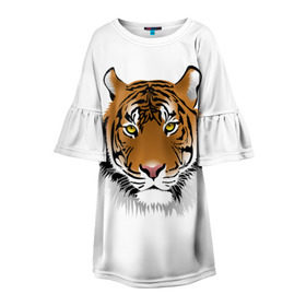 Детское платье 3D с принтом Морда тигра в Тюмени, 100% полиэстер | прямой силуэт, чуть расширенный к низу. Круглая горловина, на рукавах — воланы | Тематика изображения на принте: зверь | кошка | полосы | тигр | хищник