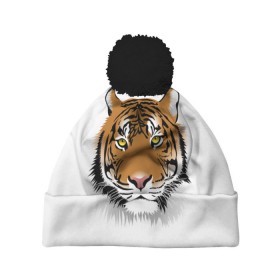 Шапка 3D c помпоном с принтом Морда тигра в Тюмени, 100% полиэстер | универсальный размер, печать по всей поверхности изделия | зверь | кошка | полосы | тигр | хищник