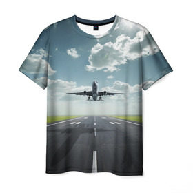 Мужская футболка 3D с принтом Самолет в Тюмени, 100% полиэфир | прямой крой, круглый вырез горловины, длина до линии бедер | взлет | небо | природа