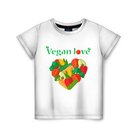 Детская футболка 3D с принтом Vegan love в Тюмени, 100% гипоаллергенный полиэфир | прямой крой, круглый вырез горловины, длина до линии бедер, чуть спущенное плечо, ткань немного тянется | Тематика изображения на принте: art | vegan | вегетарианство | любовь | овощи | фрукты