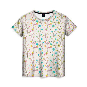 Женская футболка 3D с принтом Цветочные лианы в Тюмени, 100% полиэфир ( синтетическое хлопкоподобное полотно) | прямой крой, круглый вырез горловины, длина до линии бедер | весна | лианы | цвета | цветы