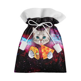Подарочный 3D мешок с принтом Кот с едой в Тюмени, 100% полиэстер | Размер: 29*39 см | Тематика изображения на принте: art | cat | pizza | space | еда | космос | кот | кот в космосе | кот с едой | котенок | котик | пицца