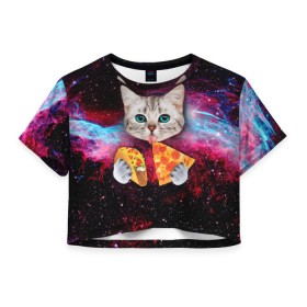 Женская футболка 3D укороченная с принтом Кот с едой в Тюмени, 100% полиэстер | круглая горловина, длина футболки до линии талии, рукава с отворотами | art | cat | pizza | space | еда | космос | кот | кот в космосе | кот с едой | котенок | котик | пицца