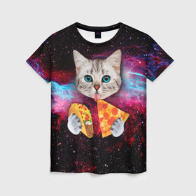 Женская футболка 3D с принтом Кот с едой в Тюмени, 100% полиэфир ( синтетическое хлопкоподобное полотно) | прямой крой, круглый вырез горловины, длина до линии бедер | Тематика изображения на принте: art | cat | pizza | space | еда | космос | кот | кот в космосе | кот с едой | котенок | котик | пицца
