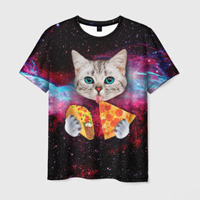 Мужская футболка 3D с принтом Кот с едой в Тюмени, 100% полиэфир | прямой крой, круглый вырез горловины, длина до линии бедер | Тематика изображения на принте: art | cat | pizza | space | еда | космос | кот | кот в космосе | кот с едой | котенок | котик | пицца