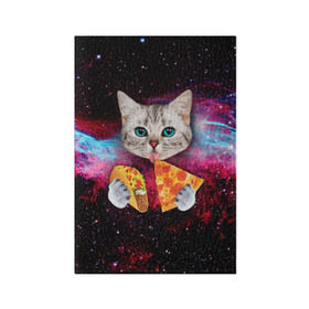 Обложка для паспорта матовая кожа с принтом Кот с едой в Тюмени, натуральная матовая кожа | размер 19,3 х 13,7 см; прозрачные пластиковые крепления | Тематика изображения на принте: art | cat | pizza | space | еда | космос | кот | кот в космосе | кот с едой | котенок | котик | пицца