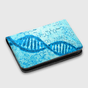 Картхолдер с принтом с принтом ДНК в Тюмени, натуральная матовая кожа | размер 7,3 х 10 см; кардхолдер имеет 4 кармана для карт; | абстракция | биология | днк | молекула | синяя.цепочка | формула