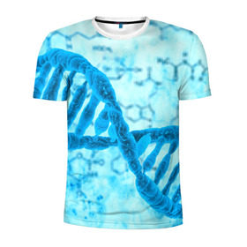 Мужская футболка 3D спортивная с принтом ДНК в Тюмени, 100% полиэстер с улучшенными характеристиками | приталенный силуэт, круглая горловина, широкие плечи, сужается к линии бедра | абстракция | биология | днк | молекула | синяя.цепочка | формула