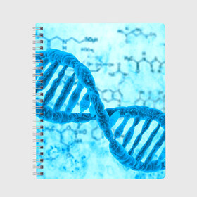 Тетрадь с принтом ДНК в Тюмени, 100% бумага | 48 листов, плотность листов — 60 г/м2, плотность картонной обложки — 250 г/м2. Листы скреплены сбоку удобной пружинной спиралью. Уголки страниц и обложки скругленные. Цвет линий — светло-серый
 | абстракция | биология | днк | молекула | синяя.цепочка | формула