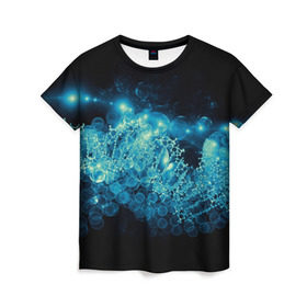 Женская футболка 3D с принтом Молекула в Тюмени, 100% полиэфир ( синтетическое хлопкоподобное полотно) | прямой крой, круглый вырез горловины, длина до линии бедер | абстракция | биология | днк | молекула | синяя.цепочка | формула