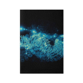 Обложка для паспорта матовая кожа с принтом Молекула в Тюмени, натуральная матовая кожа | размер 19,3 х 13,7 см; прозрачные пластиковые крепления | Тематика изображения на принте: абстракция | биология | днк | молекула | синяя.цепочка | формула