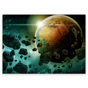 Поздравительная открытка с принтом Метеориты в Тюмени, 100% бумага | плотность бумаги 280 г/м2, матовая, на обратной стороне линовка и место для марки
 | Тематика изображения на принте: вселенная | галактика | звёзды | земля | камета | космос | метеориты | метеоры | орбита | планеты | солнце