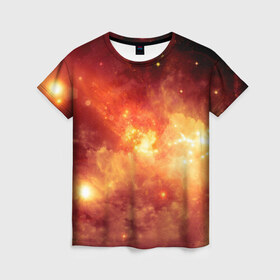 Женская футболка 3D с принтом Пылающий космос в Тюмени, 100% полиэфир ( синтетическое хлопкоподобное полотно) | прямой крой, круглый вырез горловины, длина до линии бедер | вселенная | вспышка | галактика | звёзды | комета | космос | метеориты | метеоры | огонь | пламя | планеты | свет