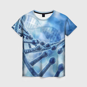 Женская футболка 3D с принтом Молекула ДНК в Тюмени, 100% полиэфир ( синтетическое хлопкоподобное полотно) | прямой крой, круглый вырез горловины, длина до линии бедер | dna | биохимия | внешность | ген | генетика | днк | молекула | наследственность | спираль | способности | структура | характер | черты