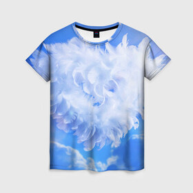 Женская футболка 3D с принтом Сердце в Тюмени, 100% полиэфир ( синтетическое хлопкоподобное полотно) | прямой крой, круглый вырез горловины, длина до линии бедер | голубая | любовь | небо | новая | перья | сердце