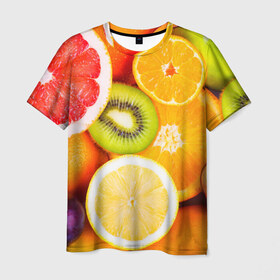 Мужская футболка 3D с принтом Фрукты в Тюмени, 100% полиэфир | прямой крой, круглый вырез горловины, длина до линии бедер | Тематика изображения на принте: апельсин | киви | новая | фрукты | цитрус
