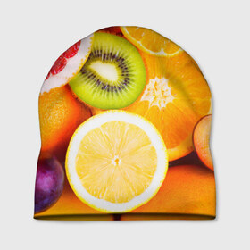 Шапка 3D с принтом Фрукты в Тюмени, 100% полиэстер | универсальный размер, печать по всей поверхности изделия | Тематика изображения на принте: апельсин | киви | новая | фрукты | цитрус