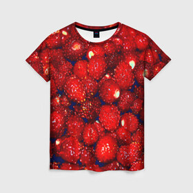 Женская футболка 3D с принтом Земляника в Тюмени, 100% полиэфир ( синтетическое хлопкоподобное полотно) | прямой крой, круглый вырез горловины, длина до линии бедер | земляника | клубника | красный | лето | природа | ягода