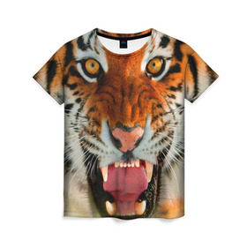 Женская футболка 3D с принтом Амурский тигр в Тюмени, 100% полиэфир ( синтетическое хлопкоподобное полотно) | прямой крой, круглый вырез горловины, длина до линии бедер | амур | голова | животные | кошка | оскал | тигр