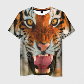 Мужская футболка 3D с принтом Амурский тигр в Тюмени, 100% полиэфир | прямой крой, круглый вырез горловины, длина до линии бедер | амур | голова | животные | кошка | оскал | тигр