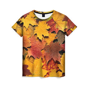 Женская футболка 3D с принтом Осень на дворе в Тюмени, 100% полиэфир ( синтетическое хлопкоподобное полотно) | прямой крой, круглый вырез горловины, длина до линии бедер | бордовый | жёлтый | красный | листва | листья
