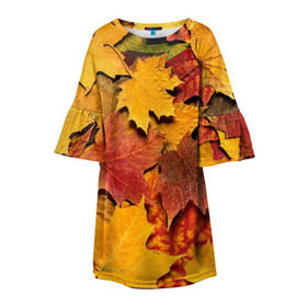 Детское платье 3D с принтом Осень на дворе в Тюмени, 100% полиэстер | прямой силуэт, чуть расширенный к низу. Круглая горловина, на рукавах — воланы | бордовый | жёлтый | красный | листва | листья