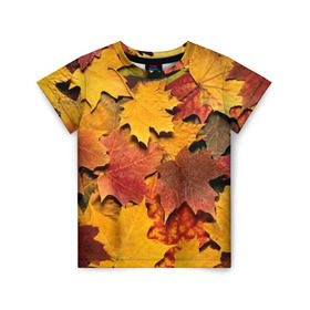 Детская футболка 3D с принтом Осень на дворе в Тюмени, 100% гипоаллергенный полиэфир | прямой крой, круглый вырез горловины, длина до линии бедер, чуть спущенное плечо, ткань немного тянется | бордовый | жёлтый | красный | листва | листья