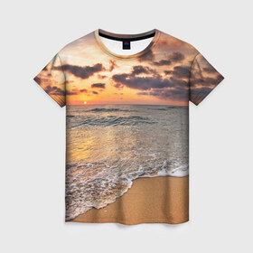Женская футболка 3D с принтом Огненный закат в Тюмени, 100% полиэфир ( синтетическое хлопкоподобное полотно) | прямой крой, круглый вырез горловины, длина до линии бедер | закат | море | небо | океан | рассвет