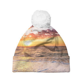 Шапка 3D c помпоном с принтом Sunset в Тюмени, 100% полиэстер | универсальный размер, печать по всей поверхности изделия | волны | закат | море | небо | океан | рассвет | солнце