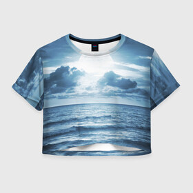 Женская футболка 3D укороченная с принтом Солнце садится в Тюмени, 100% полиэстер | круглая горловина, длина футболки до линии талии, рукава с отворотами | луна | море | ночь | пейзаж