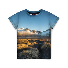 Детская футболка 3D с принтом Горный хребет в Тюмени, 100% гипоаллергенный полиэфир | прямой крой, круглый вырез горловины, длина до линии бедер, чуть спущенное плечо, ткань немного тянется | горы | небо | пейзаж | скалы | хребет